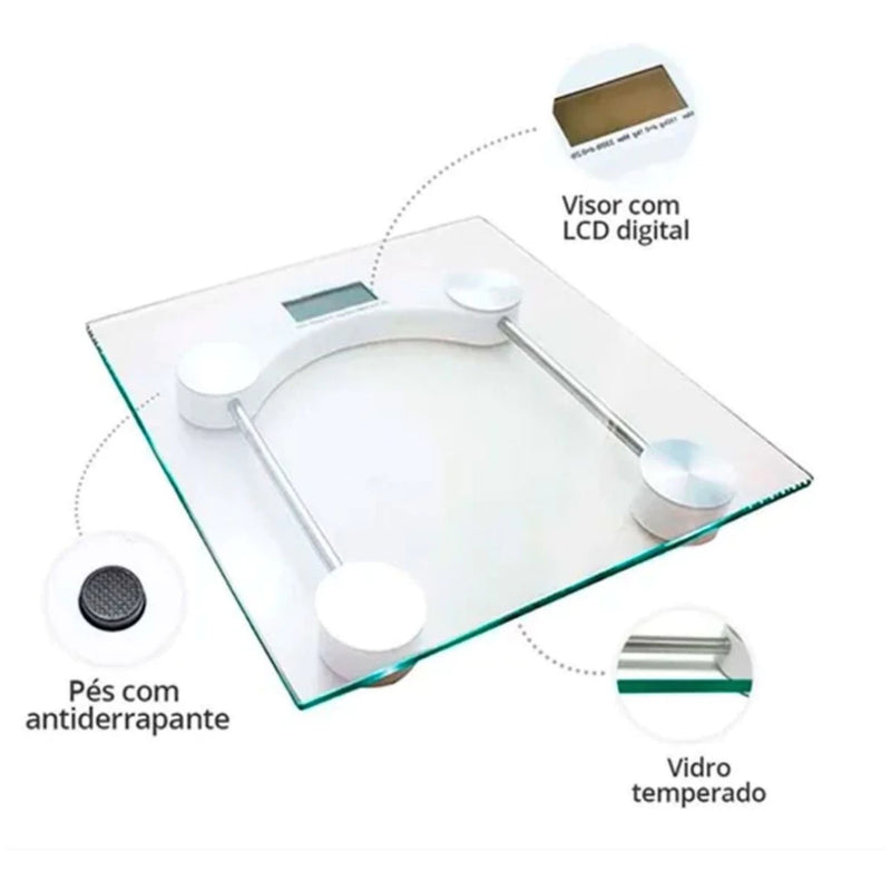 Balança Corporal Digital com Vidro Temperado até 180kg + Bateria Grátis