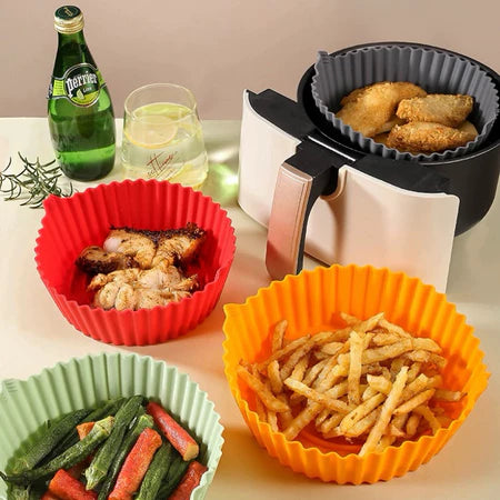 Kit de 3 Formas de Silicone Reutilizáveis para Air Fryer e Micro-ondas – Práticas, Flexíveis e Antiaderentes!