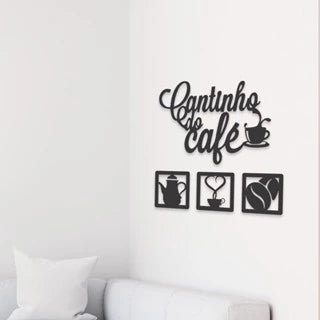 Kit Decorativo: 6 Placas + 2 Letreiros "Cantinho do Café" e "Abençoados por Deus" + Porta Chaves "Lar" em MDF Preto