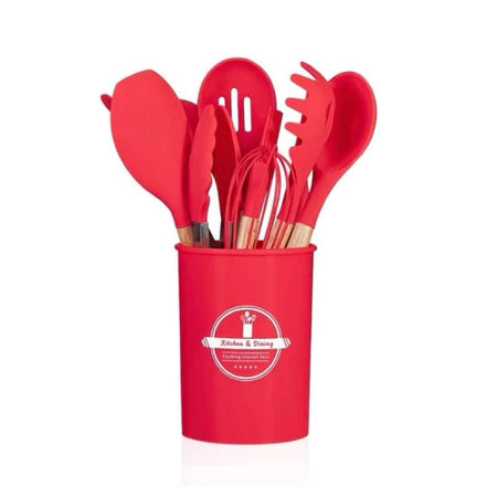 Conjunto Completo de 12 Utensílios de Cozinha em Silicone Premium com Cabos de Madeira