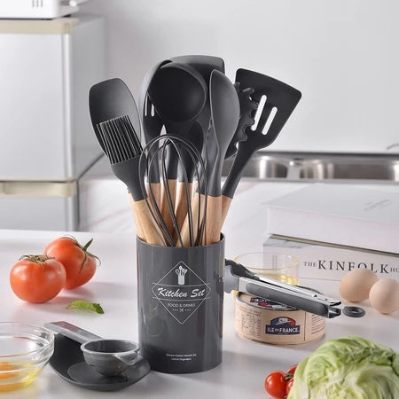 Conjunto Completo de 12 Utensílios de Cozinha em Silicone Premium com Cabos de Madeira