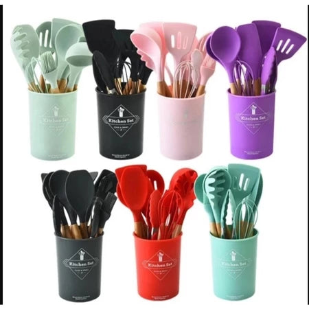 Conjunto Completo de 12 Utensílios de Cozinha em Silicone Premium com Cabos de Madeira