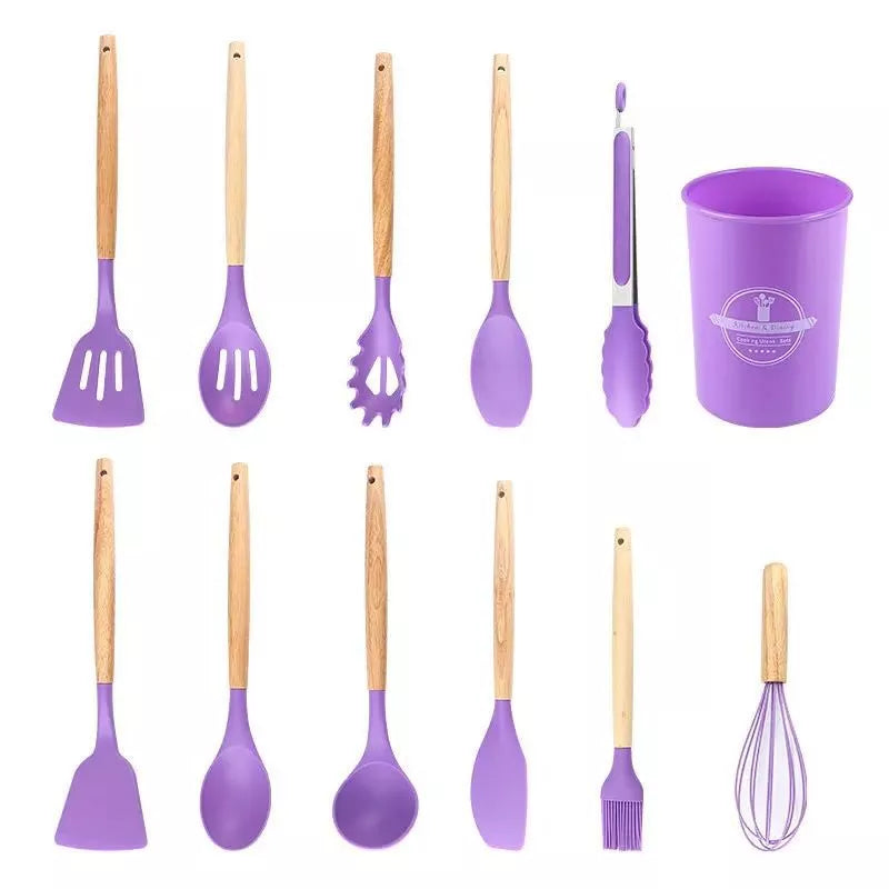 Conjunto Completo de 12 Utensílios de Cozinha em Silicone Premium com Cabos de Madeira