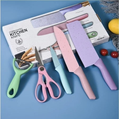 Conjunto Gourmet de Facas Coloridas com Tesoura e Descascador – 6 Peças Práticas para sua Cozinha!