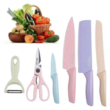 Conjunto Gourmet de Facas Coloridas com Tesoura e Descascador – 6 Peças Práticas para sua Cozinha!